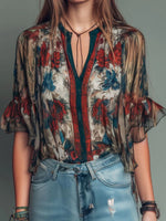 Bohemian Floral V-neck Short Sleeve Chiffon Top
