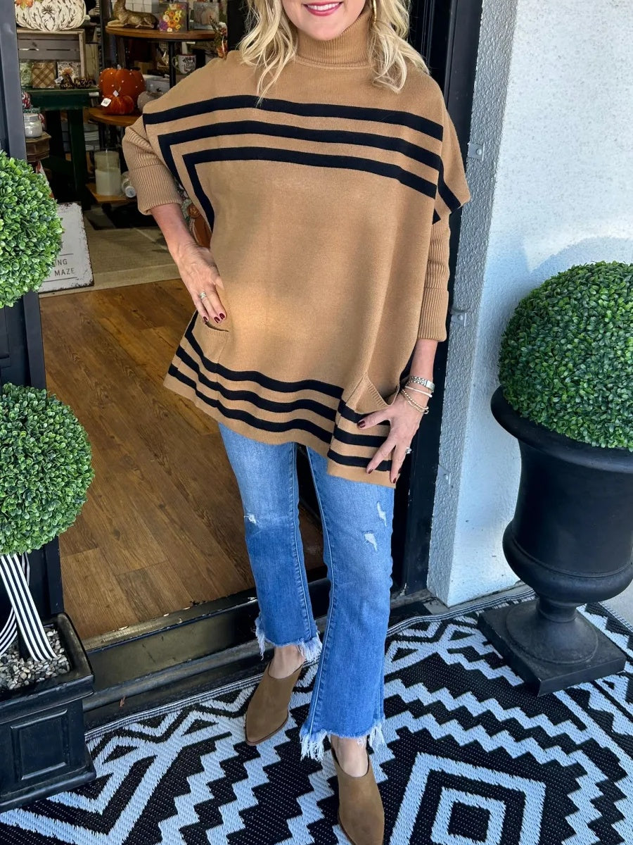 Turtleneck bat sleeve striped sweater