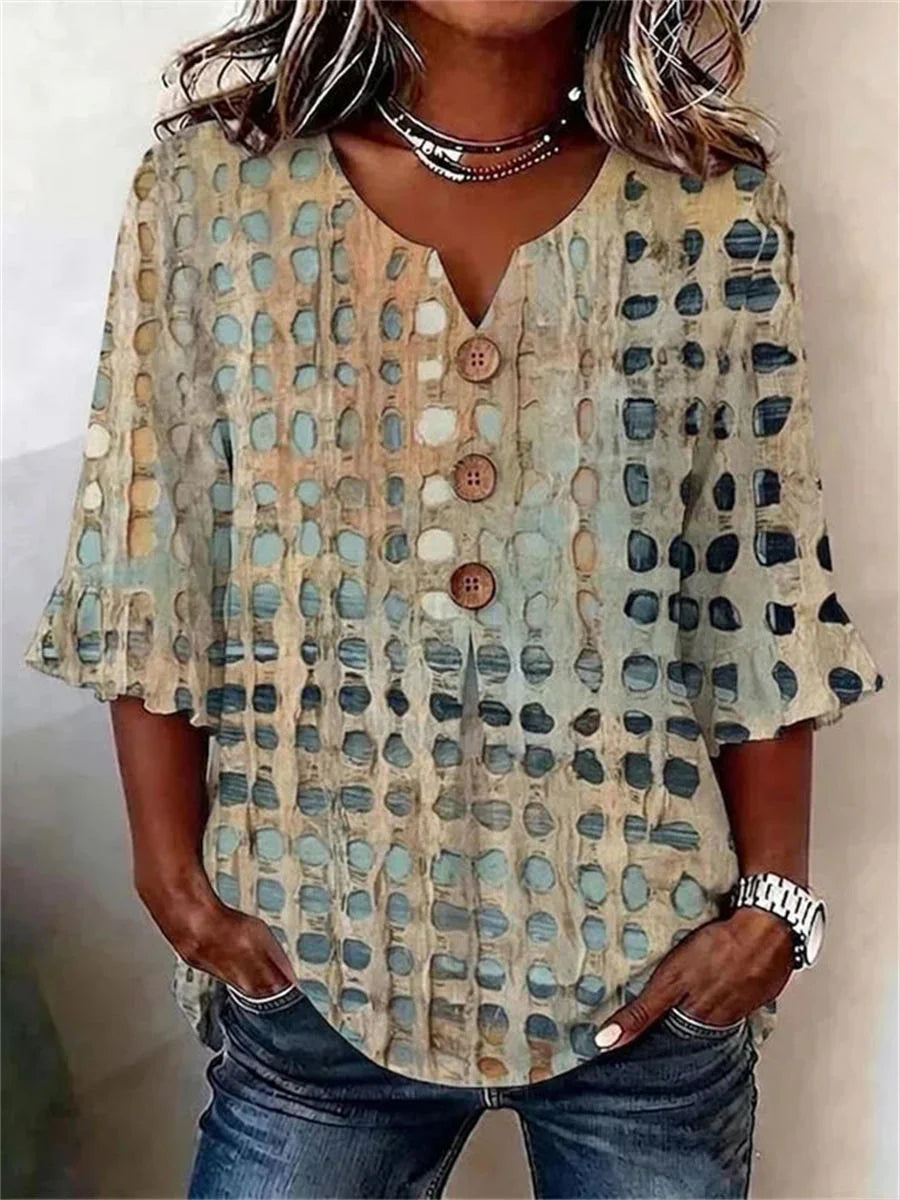 Vintage Casual V-neck 3/4 Sleeeve Blouse