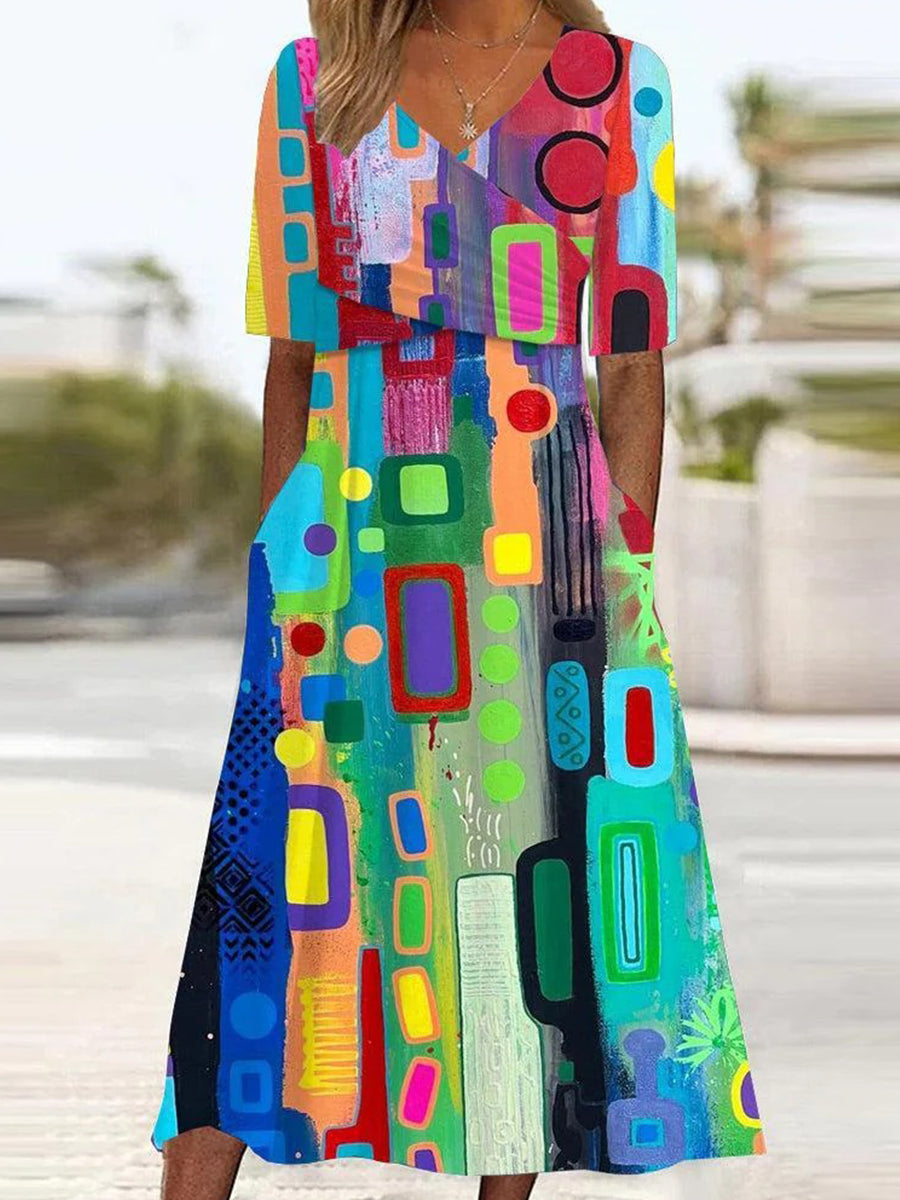 Special V-neck Short Sleeve Side Pocket Midi Dress