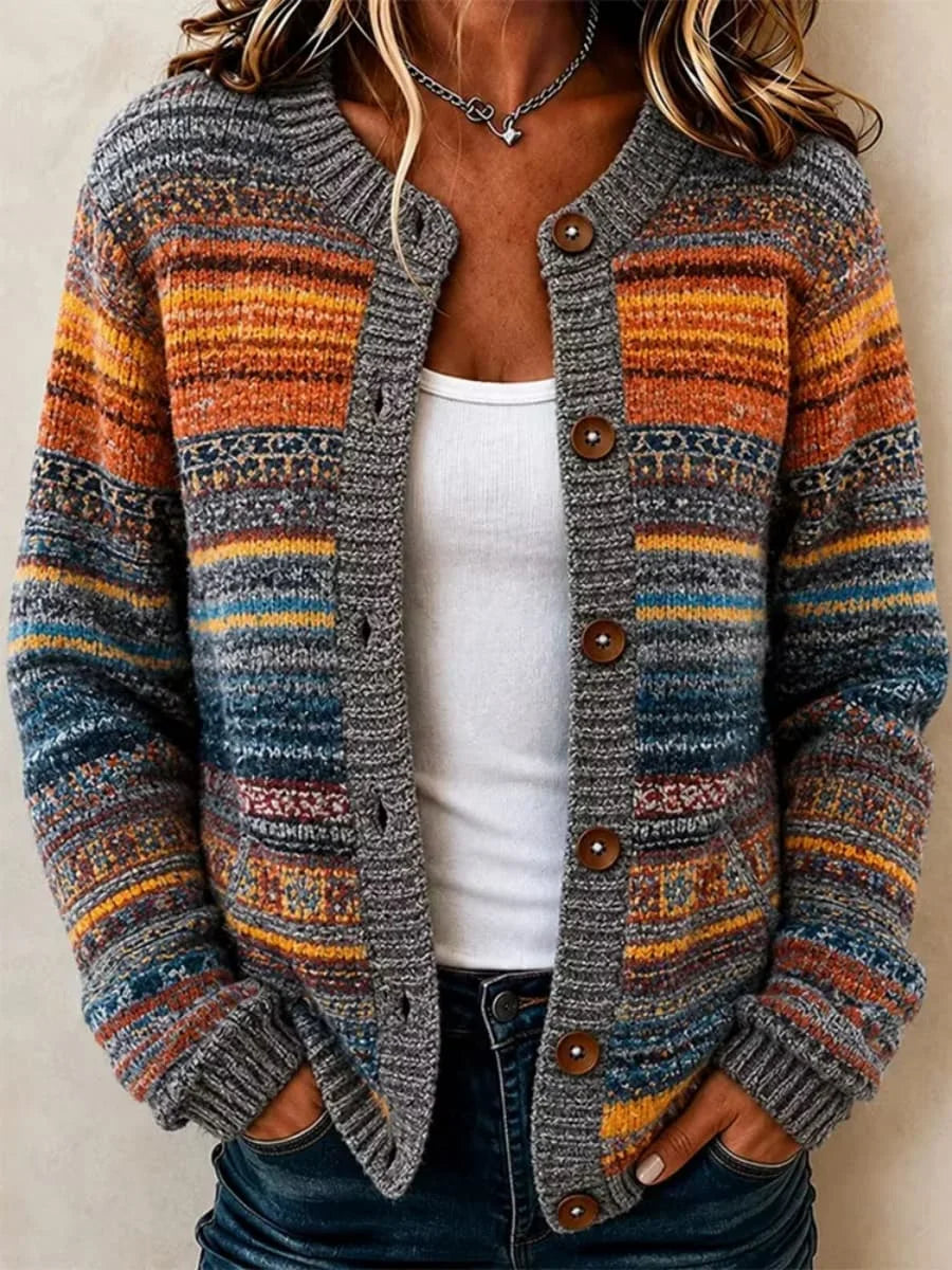 Women's Retro Colorful Striped Art Print Knit Crew Neck Long Sleeve Button Cardigan