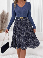 Blue Long Sleeve V-Neck Midi Dress