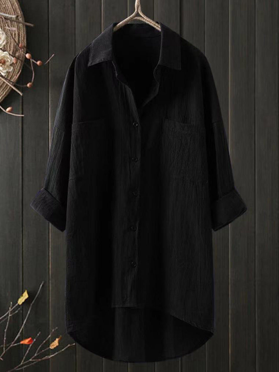 Solid Cotton Linen V Neck Loose Top