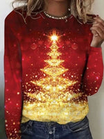 Red Casual Graphic Tops Round Neck Long Sleeve Christmas Tree Printed Xmas Sweatshirts