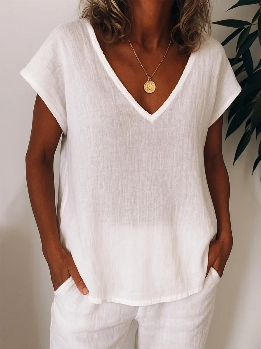 Solid Color Basic V-neck Short Sleeve Cozy T-Shirt