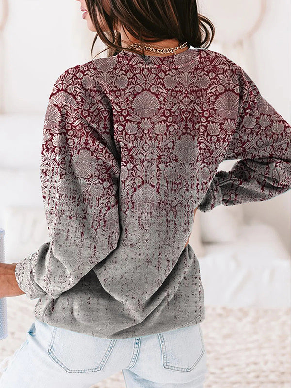 Red Casual Graphic Tops Round Neck Long Sleeve Floral Printed Sweatshirts