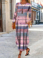 Colorful Striped Crew Neck Long Sleeve Maxi Dress