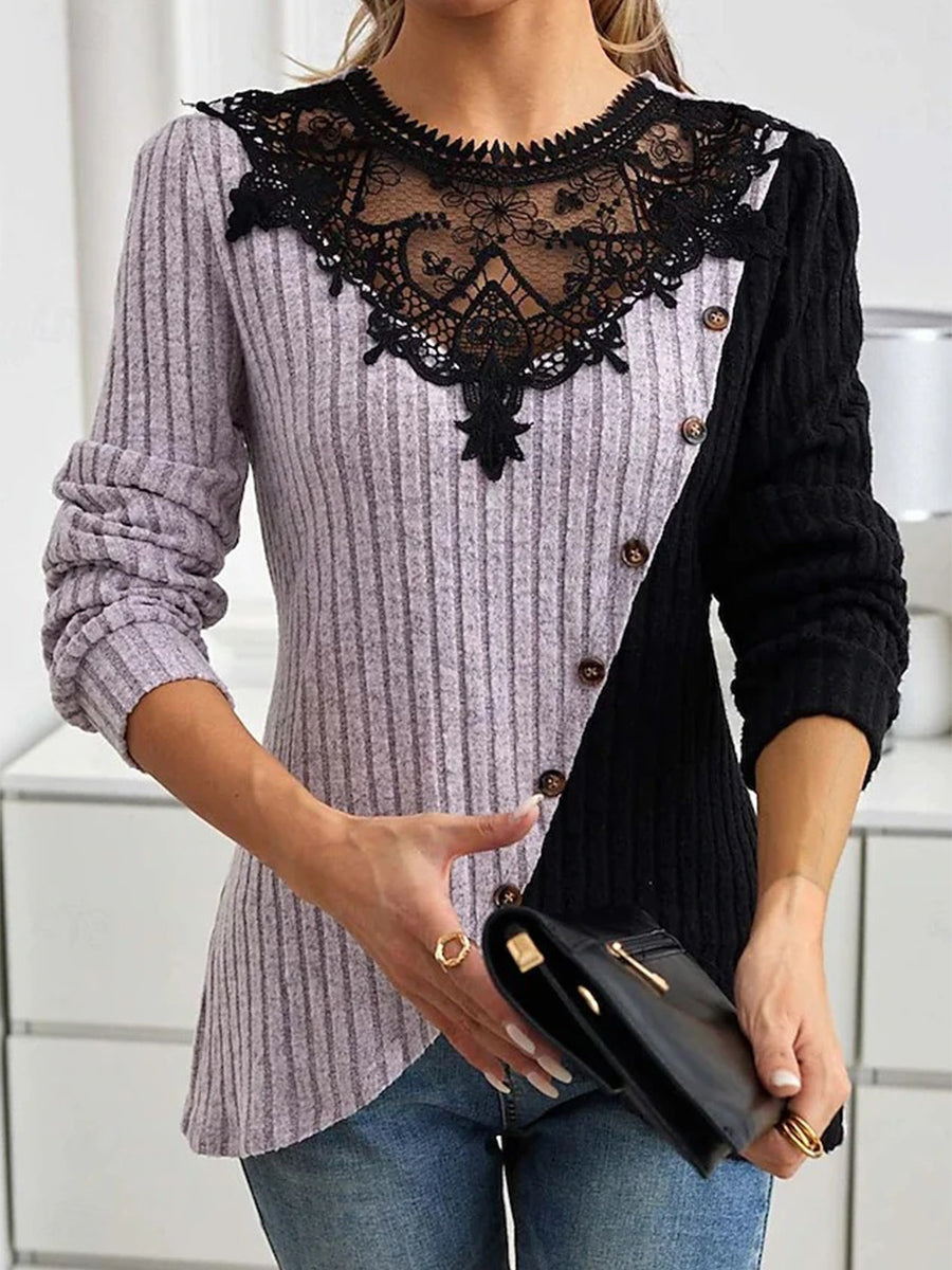 Slim Fit Lace Round Neck Long Sleeve Sweater