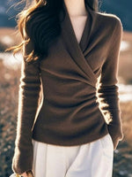Coffee V-Neck Long Sleeve Plain Sweater