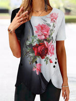 Women?ˉs Floral Color Block Short Sleeve Tunic Top With Side Buttons