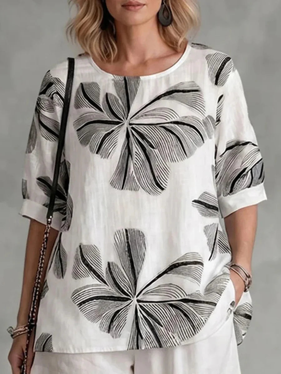 White Abstract Floral Print Round Neck Short Sleeve Top
