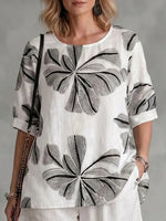 White Abstract Floral Print Round Neck Short Sleeve Top