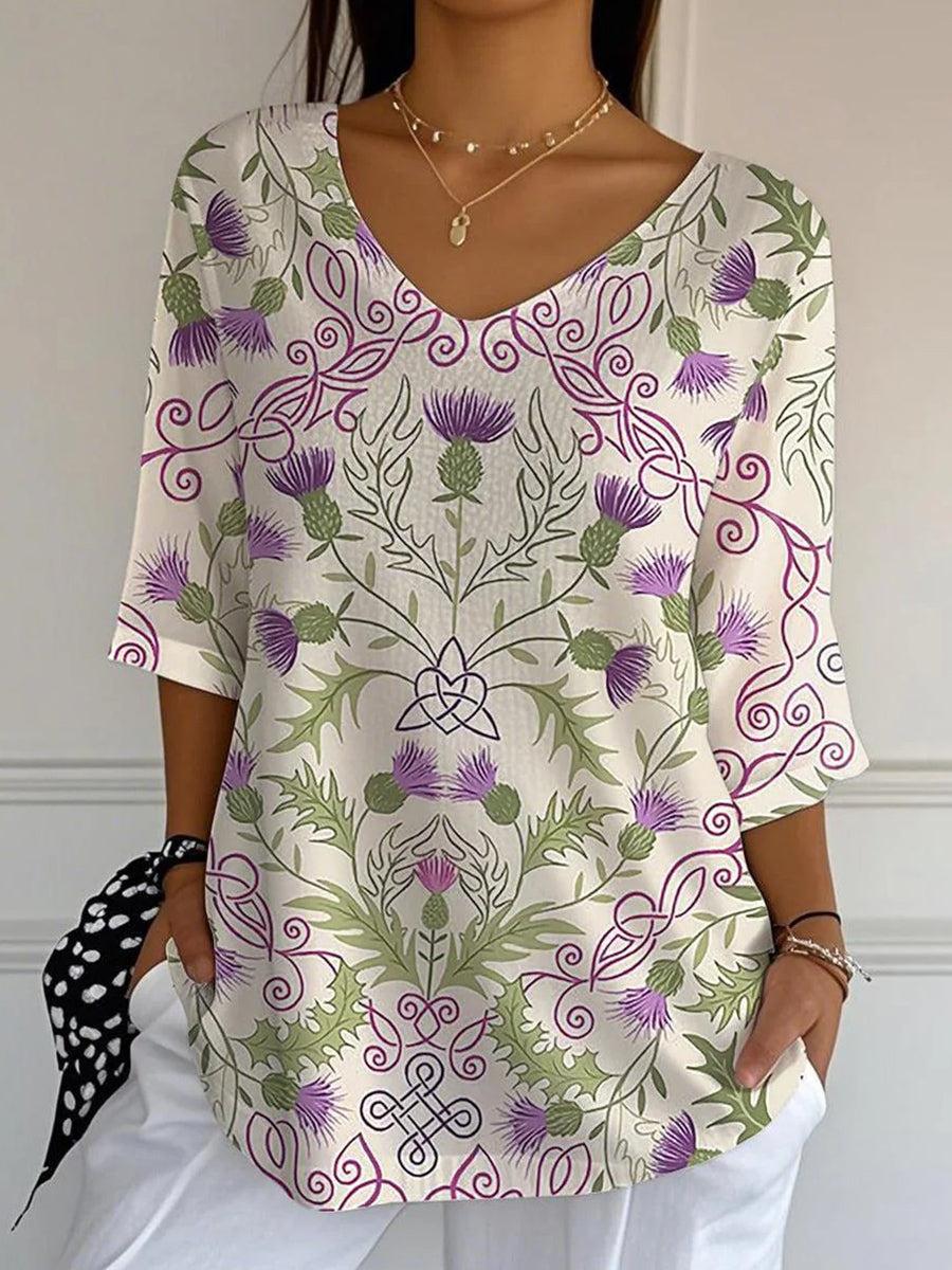Groovy V-neck 3/4 Sleeve Floral Print Top