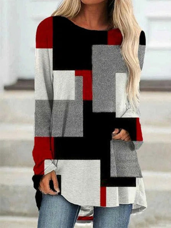 Multi Casual Tops Round Neck Long Sleeve Color Block Printed Sweatshirt