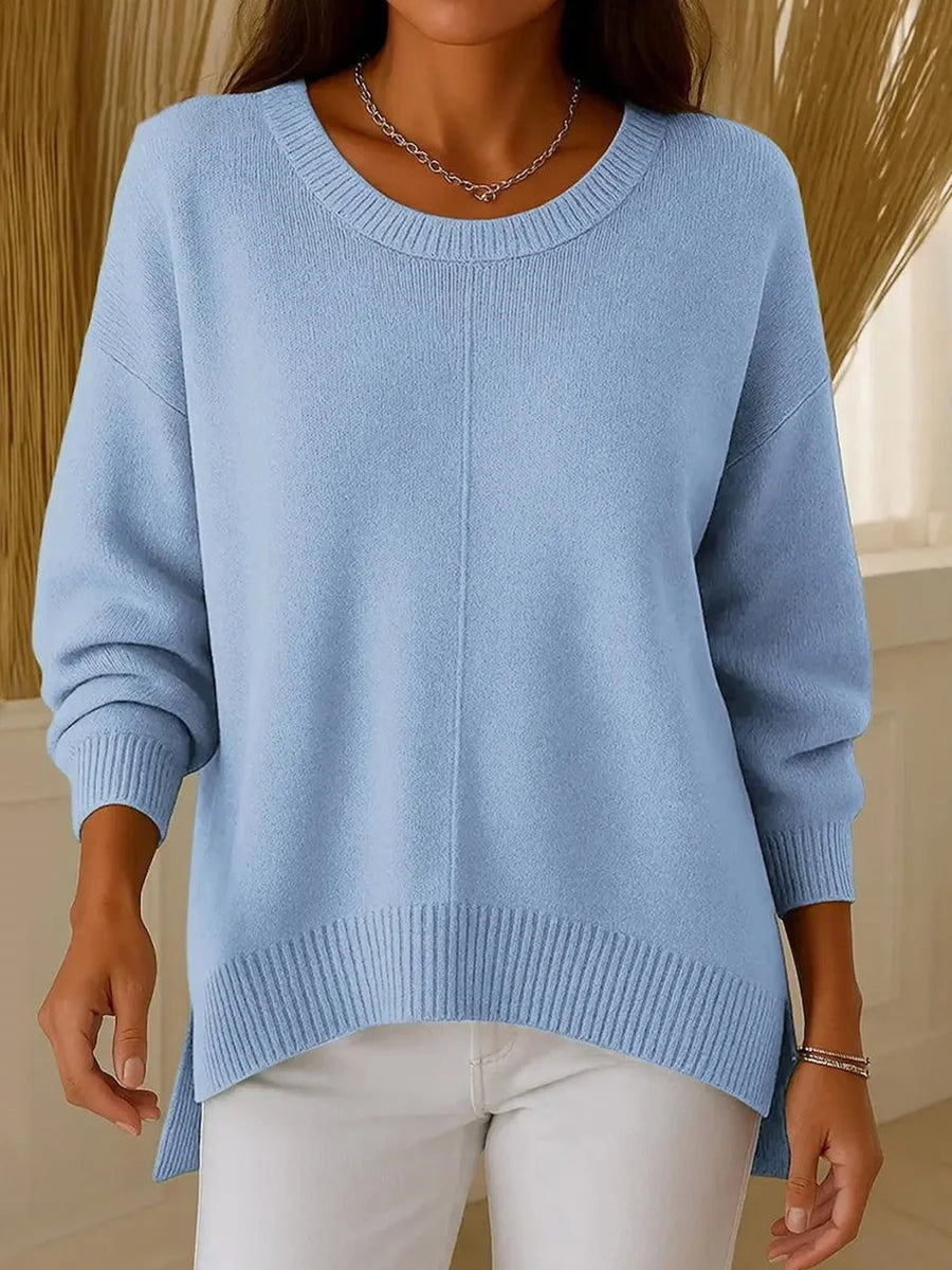 Blue Round Neck Long Sleeve Asymmetric Hem Knit Sweater