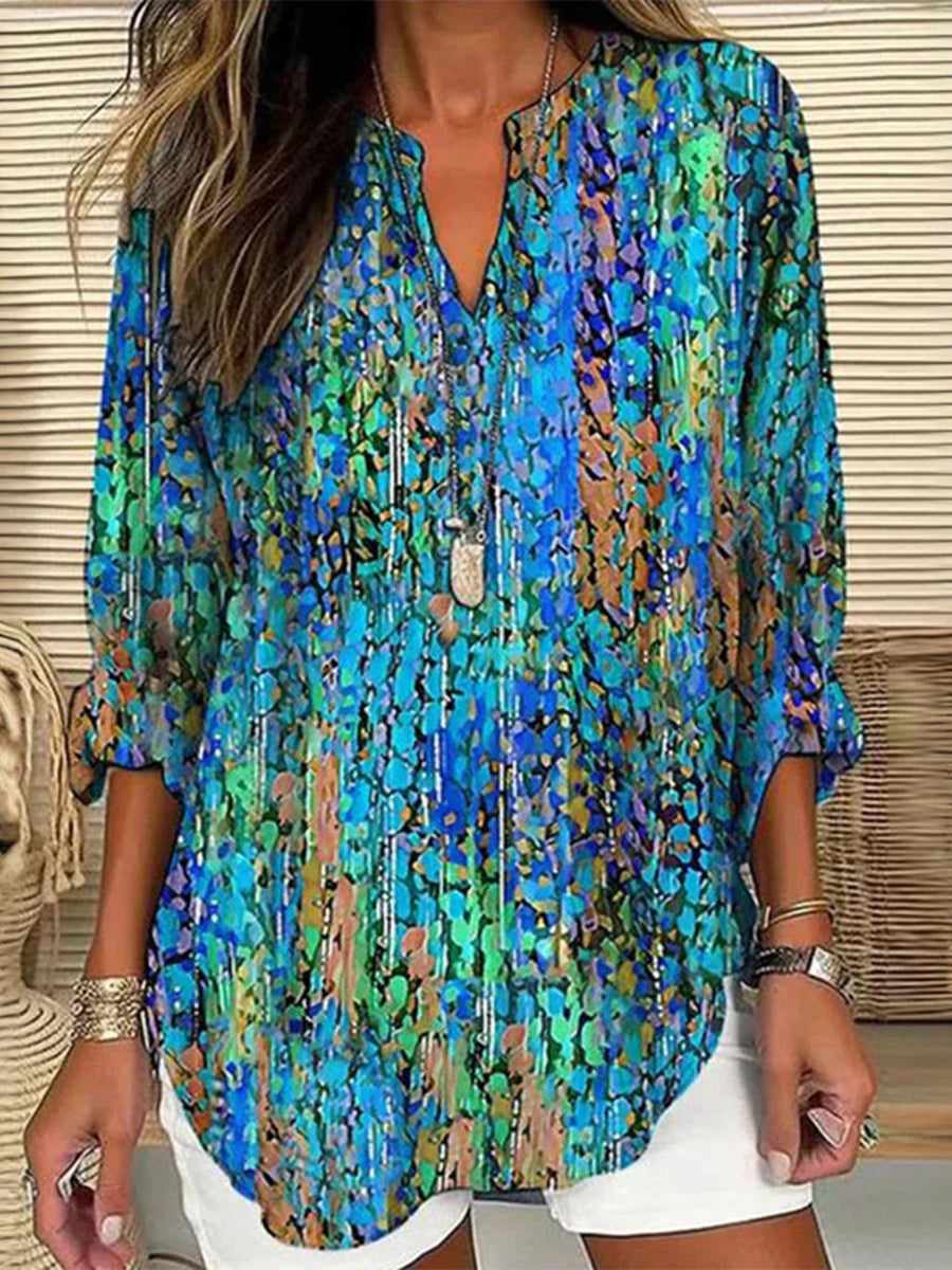 Colourful Vintage V-neck Long Sleeve Blouse