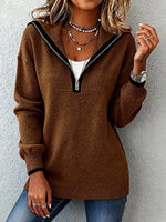 Brown Zipper Front Hoodie Long Sleeve Knit Sweater