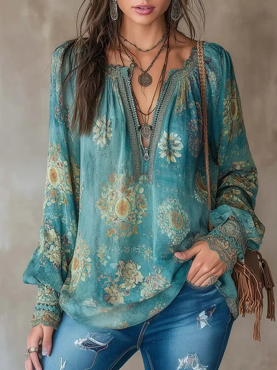 Women's Ethnic Floral Art Print Casual V-neck Long Sleeve Shirt