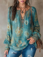 Women's Ethnic Floral Art Print Casual V-neck Long Sleeve Shirt