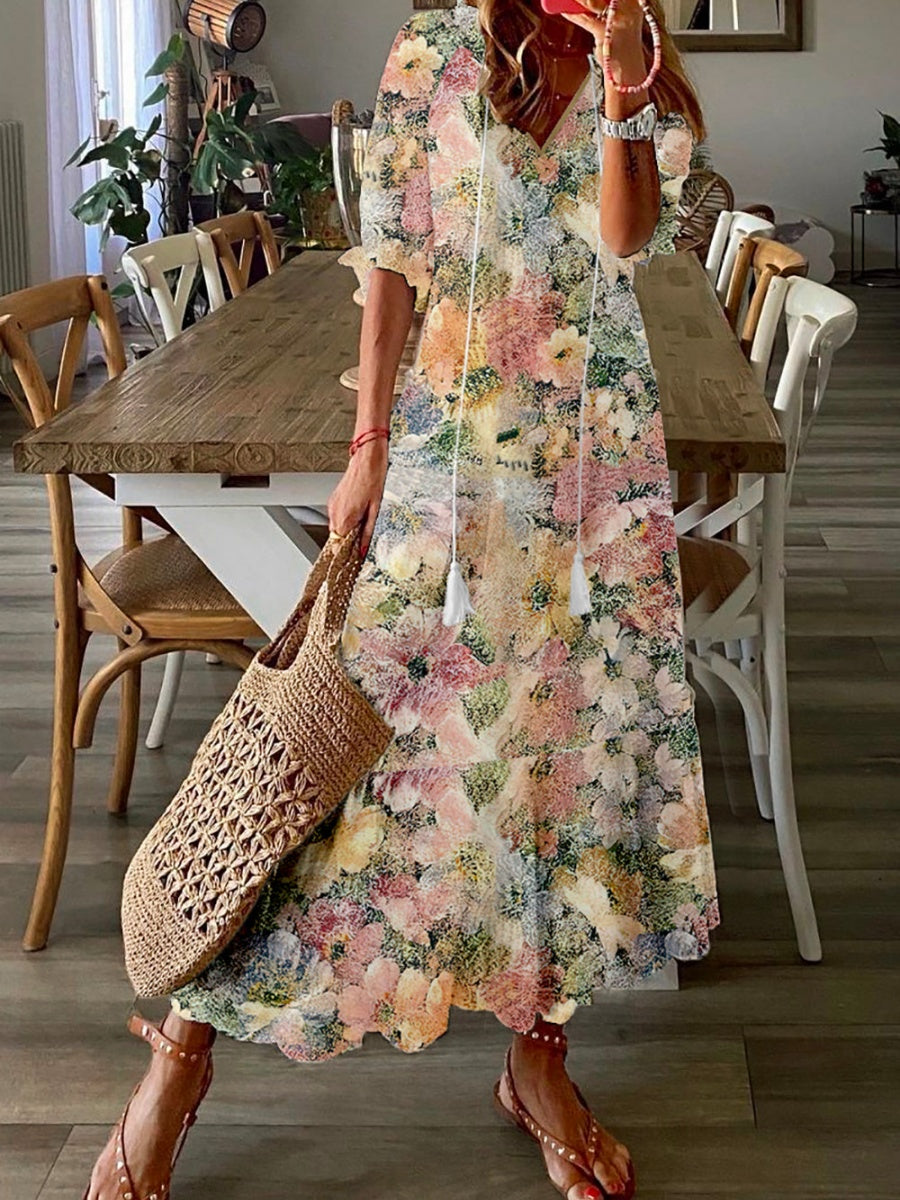 Half Sleeve Floral Loose V Neck Casual Maxi Dress– LilyWish