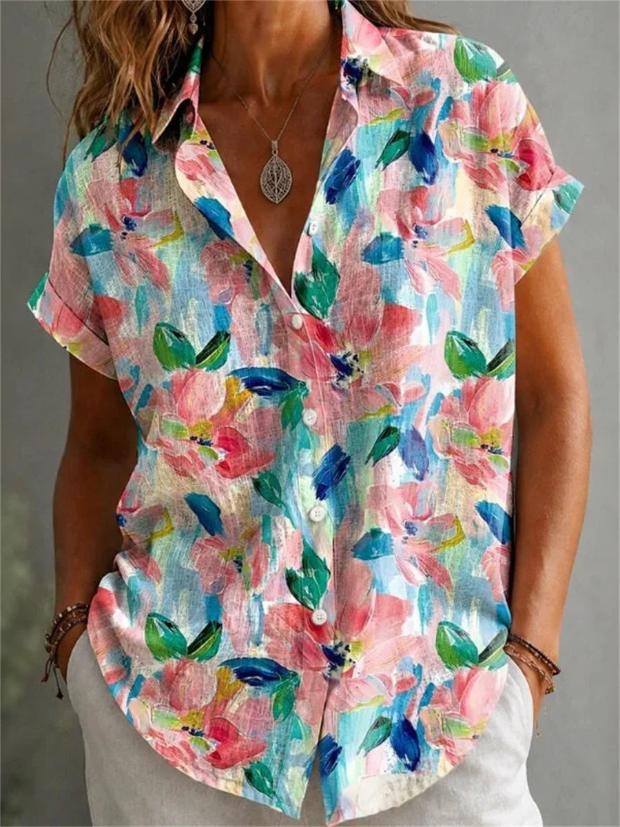 Vintage Floral Print Short Sleeve Blouse