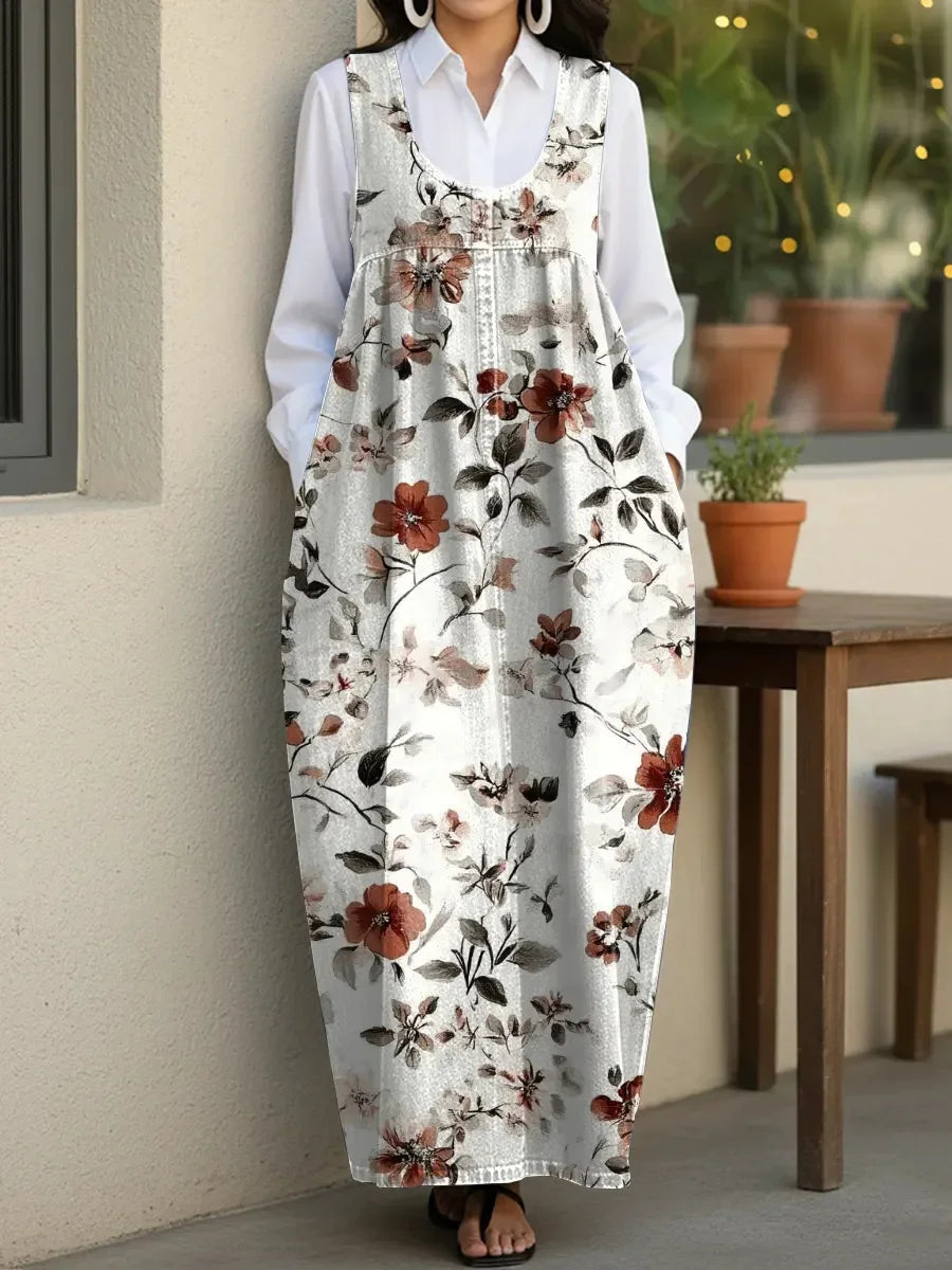 Women's Retro Small Flowers Casual Loose Denim Vest Dress