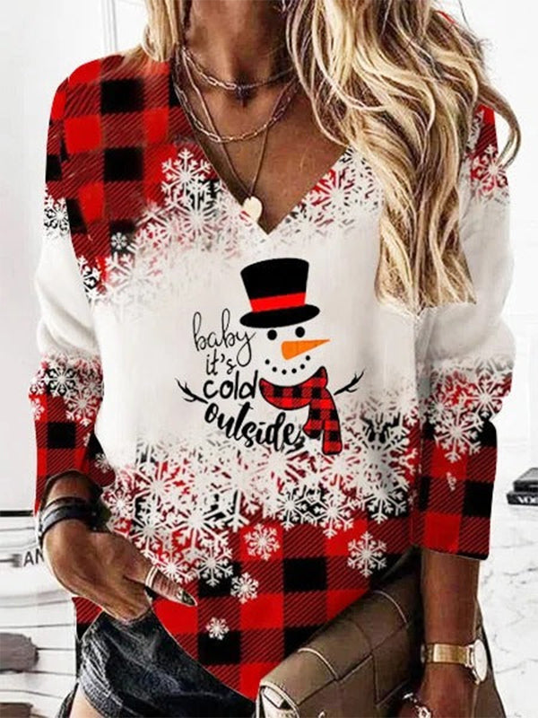 Red Casual Graphic Tops V-neck Long Sleeve Snowman Printed Xmas Sweatshirts