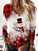 Red Casual Graphic Tops V-neck Long Sleeve Snowman Printed Xmas Sweatshirts