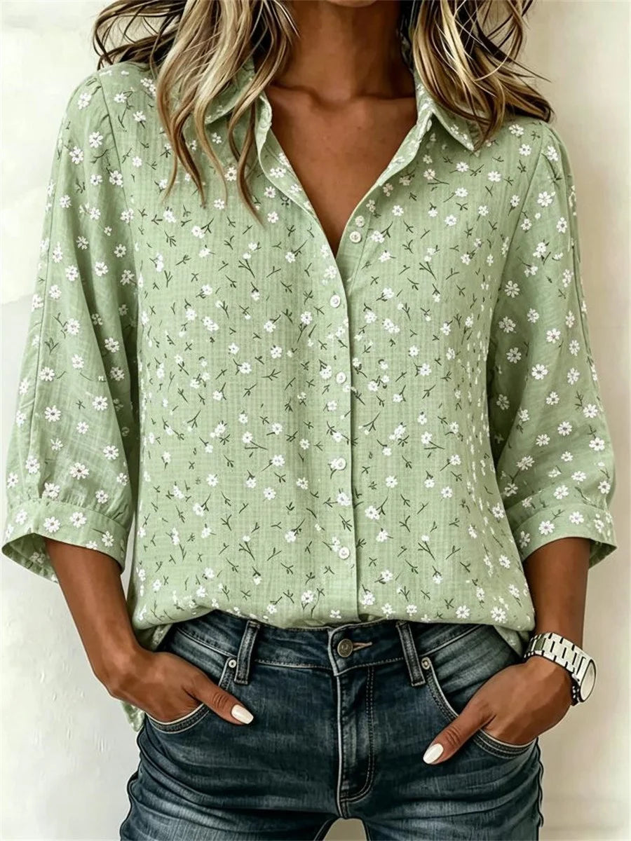 Ditsy Floral Print 3/4 Sleeve Button-Down Shirt