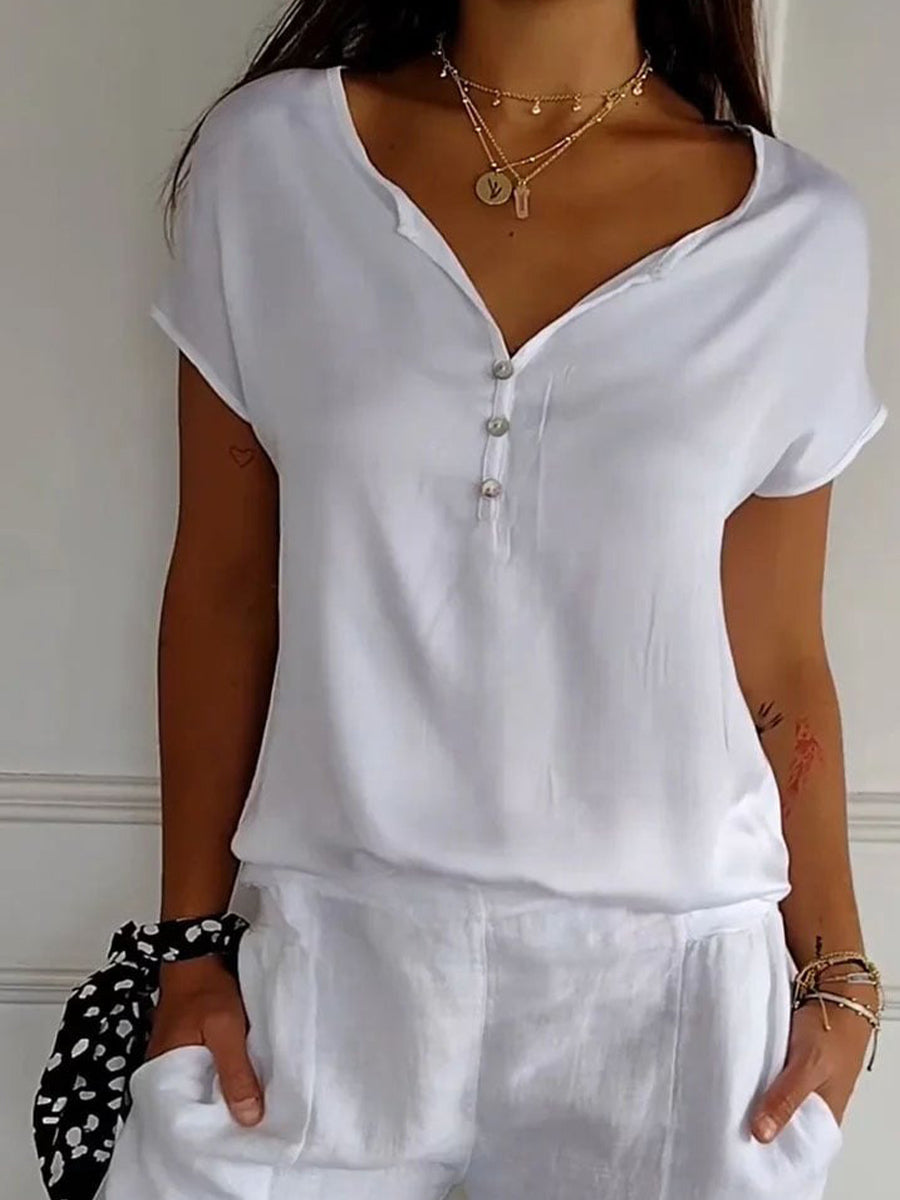 Solid Short Sleeve Buttoned V Neck T-Shirt