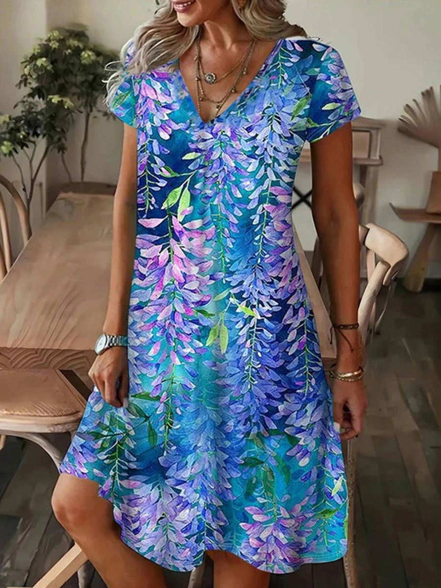 Vintage Leaf Print V-neck Short Sleeve Dress