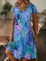Vintage Leaf Print V-neck Short Sleeve Dress