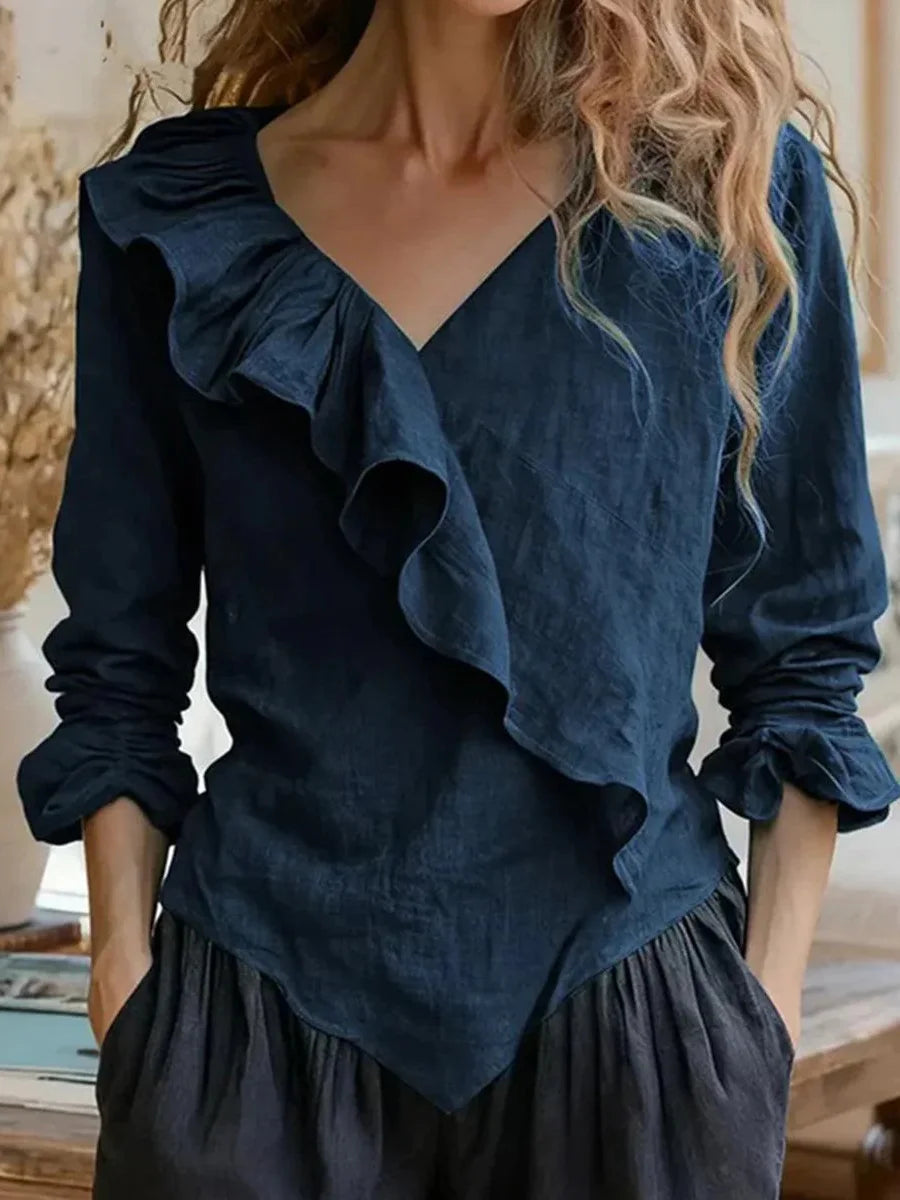 Elegant Navy Plain Ruffle Wrap V-neck Long Sleeve Top