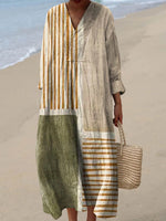 Women’s Vintage Patchwork Stripe Long Sleeve Loose Maxi Dress