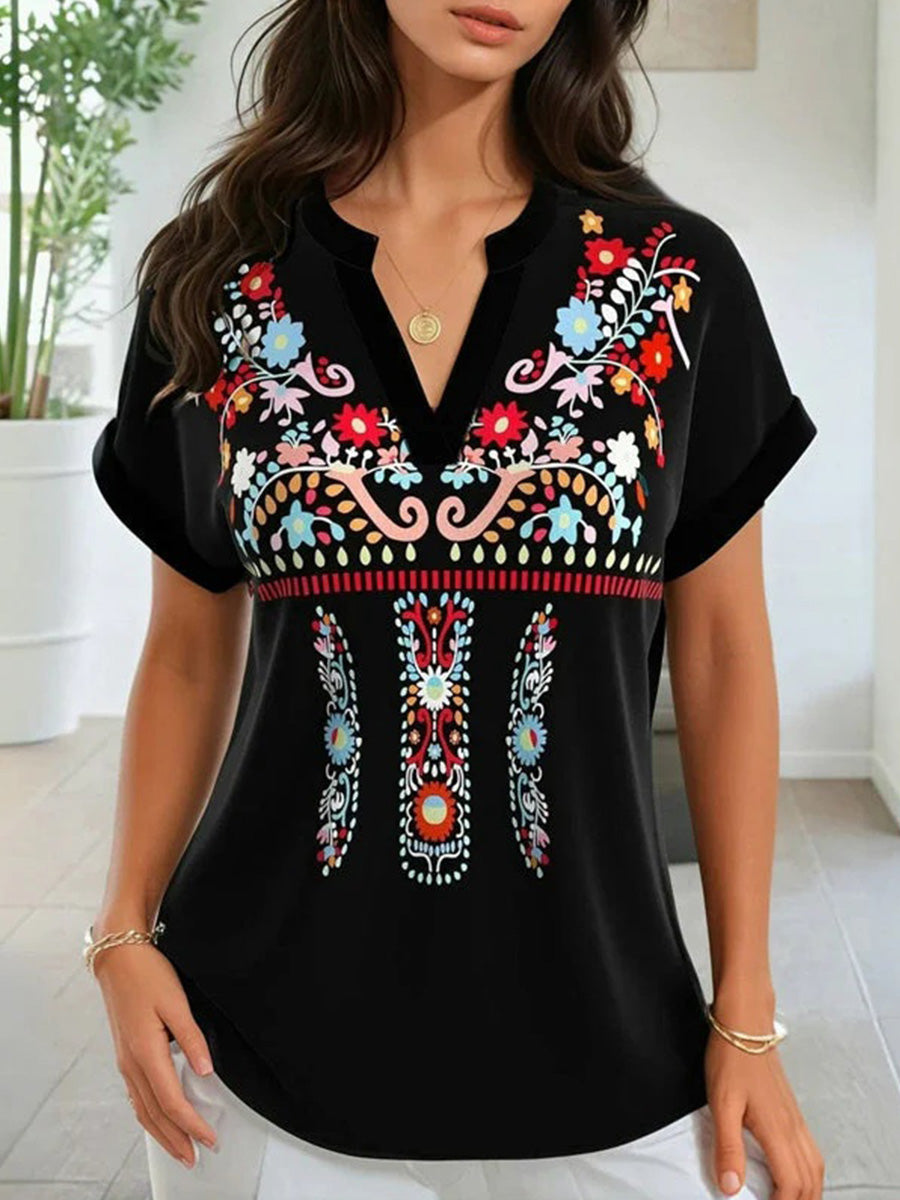 Vintage Floral Print V-neck Short Sleeve Blouse