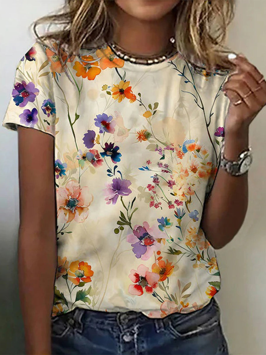 Vintage Floral Print Round Neck Short Sleeve T-Shirt
