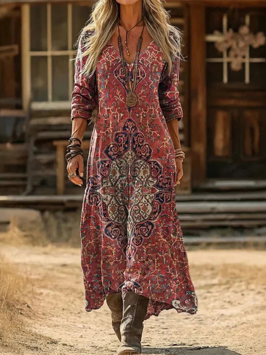 Vintage Ethnic Style V-neck Long Sleeve Dress