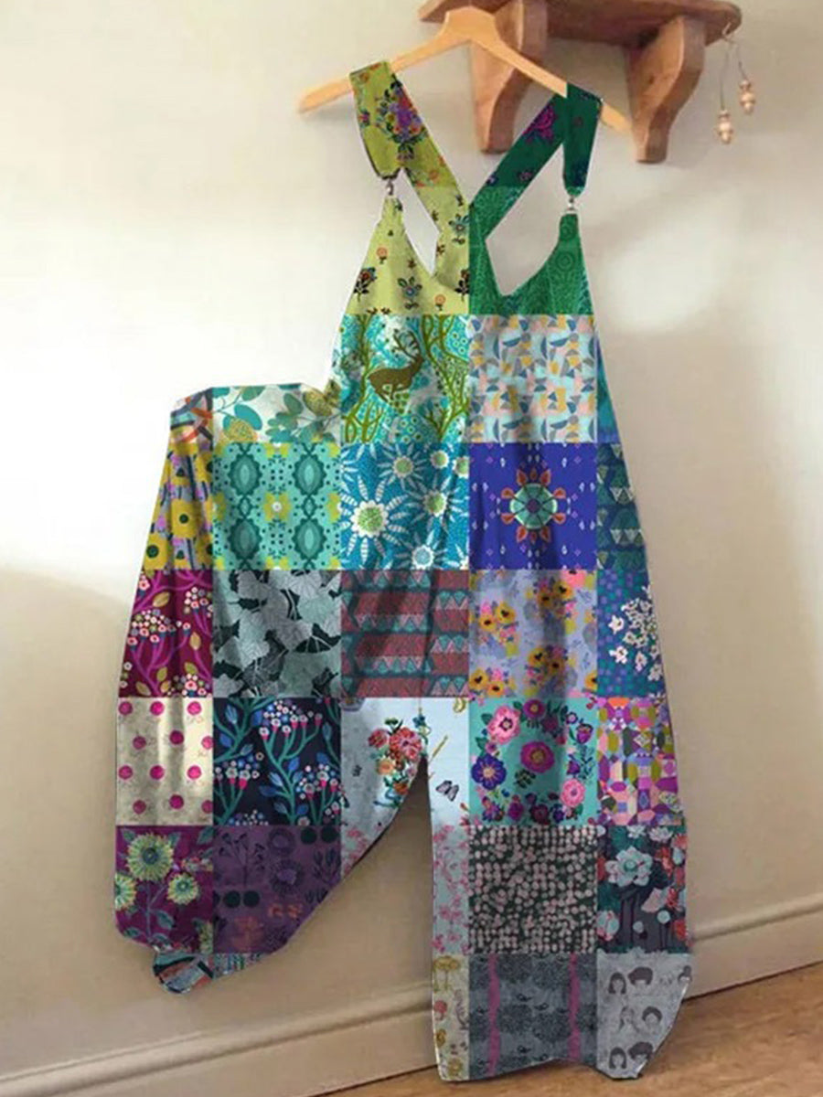 Floral Check Print Loose Jumpsuit