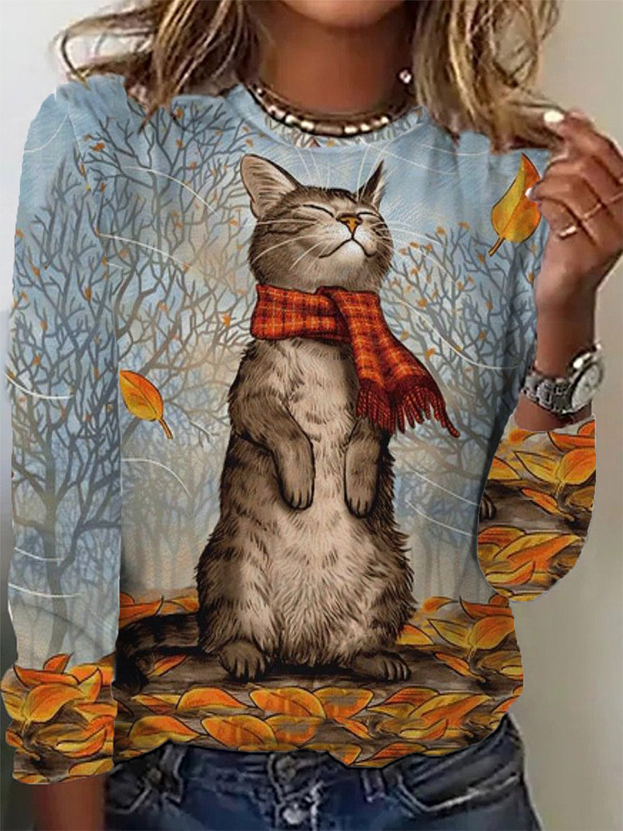 Casual Cat Crew Neck Long Sleeve Blouse