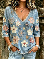Vintage Floral Print V-neck 3/4 Sleeve Blouse