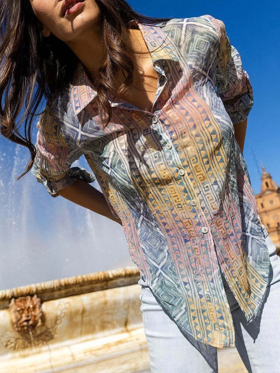 Multicolor Geometric Print 3/4 Sleeve Button-Down Shirt