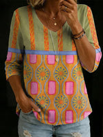Vibrant Colorful Boho Print V-Neck 3/4 Sleeve Top