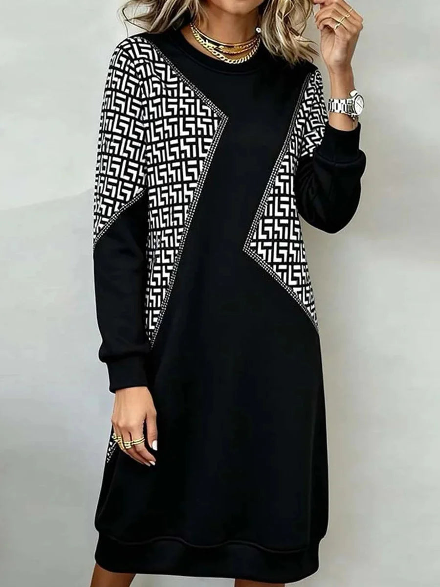 Geometric Print Round Neck Long Sleeve Mini Dress