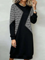 Geometric Print Round Neck Long Sleeve Mini Dress