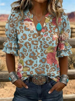 Vintage Floral Print V-neck Half Sleeve Blouse