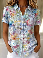 Vibrant Watercolor Floral Collared Short Sleeve Button Shirt