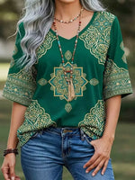 Women's Retro Floral Pattern Art Comfortable Casual V-neck Half Sleeve Top