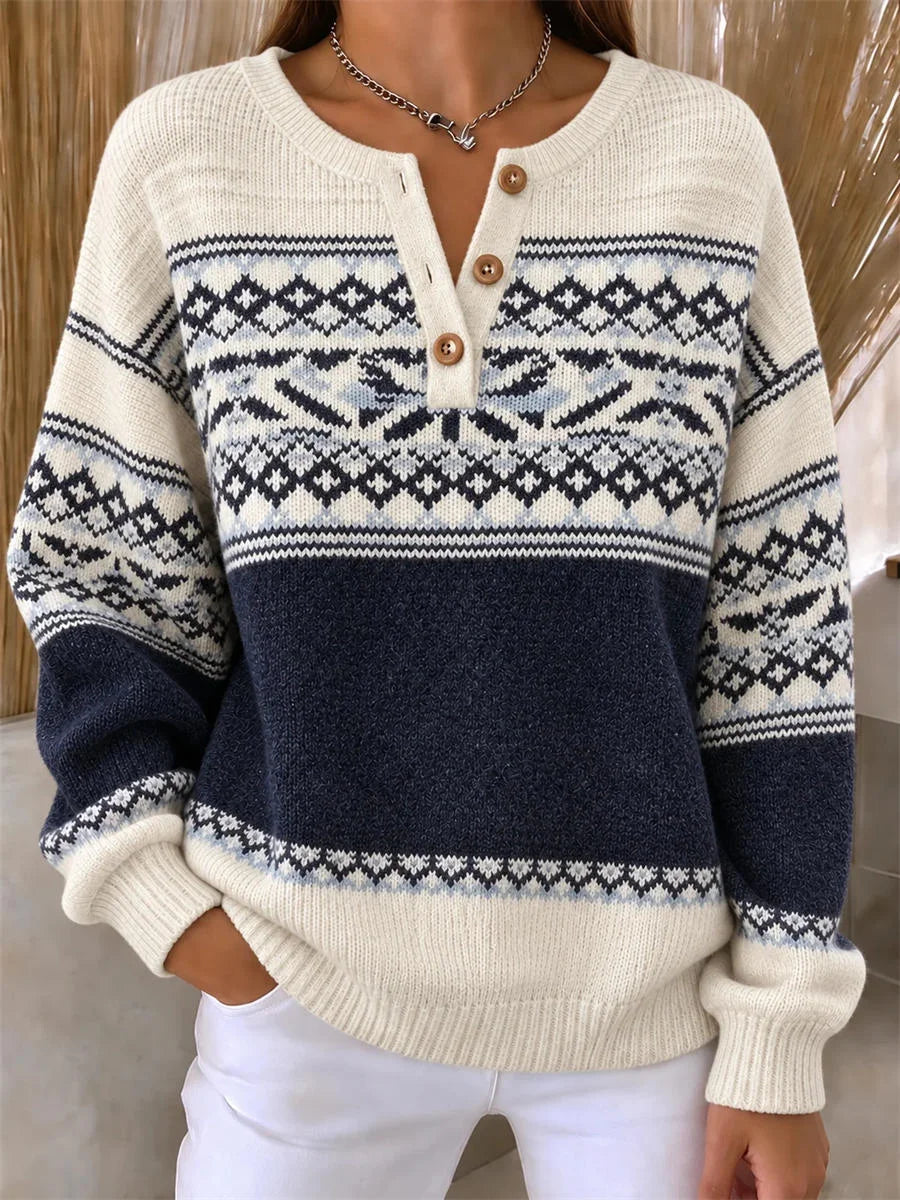 Casual Fair Isle Henley Collar Long Sleeve Sweatshirt