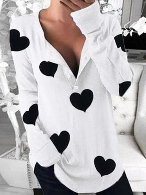 White Casual Graphic Tops V-neck Long Sleeve Heart Printed Sweatshirt