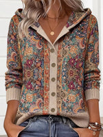 Vibrant Floral Print Boho Style Hoodie Cardigan